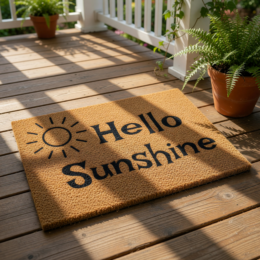 A textured door mat with the words "Hello Sunshine" printed on it.