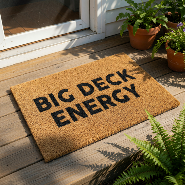 A textured doormat with the phrase "BIG DECK ENERGY" printed on it.