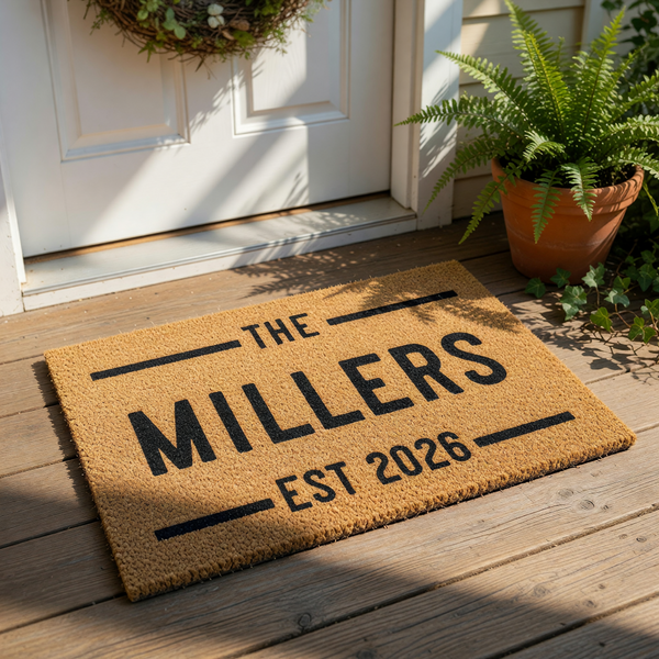 A beige doormat with the text "THE MILLERS EST 2021" printed on it.