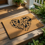 A heart-shaped doormat with various cat-related designs and text on it.