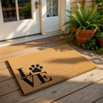 A beige doormat with the word "LOVE" printed on it, along with a paw print symbol.