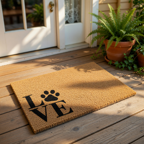 A beige doormat with the word "LOVE" printed on it, along with a paw print symbol.