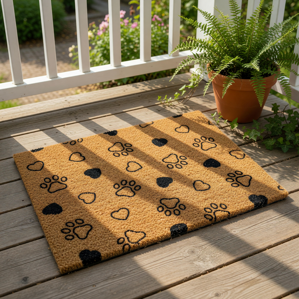 a rectangular door mat with a repeating pattern of paw prints and hearts.