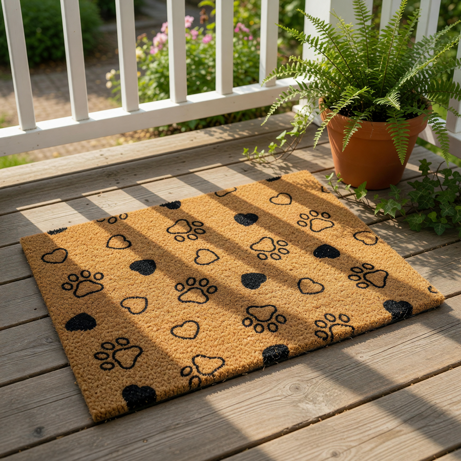 a rectangular door mat with a repeating pattern of paw prints and hearts.