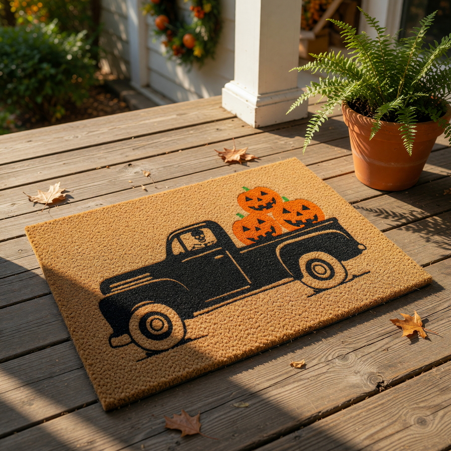 A black truck with a skeleton inside the driver's seat, carrying three jack-o'-lanterns on its bed.
