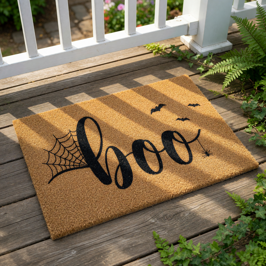 A textured door mat with the word "Boo" written on it in a stylized font.