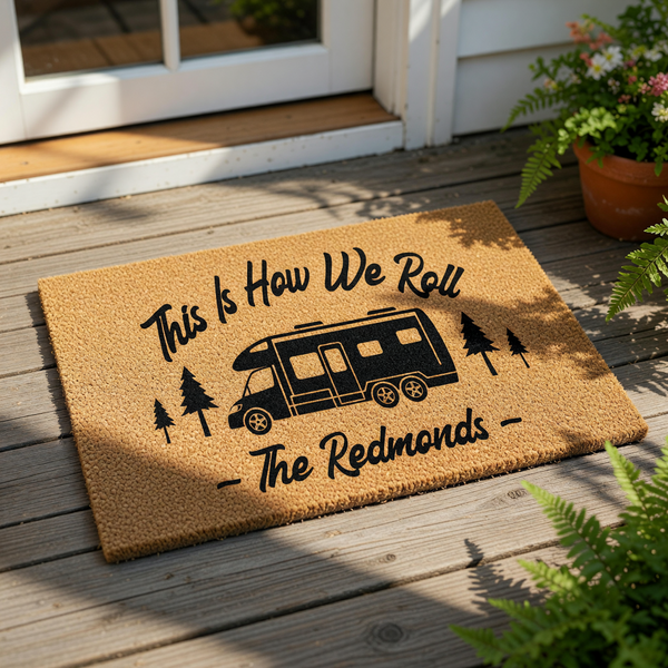 A black and white illustration of a camper van with the text "This is How We Roll" and "The Redmonds" printed on it, along with a small circular logo that reads "WOOD BY STU - EST. 2010".