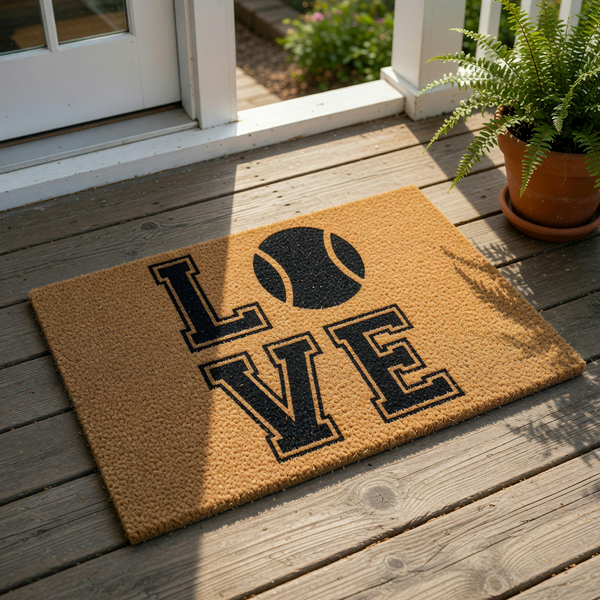 A door mat with the word "LOVE" printed on it, featuring a tennis ball graphic.