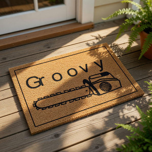 A wooden door mat with a black and white illustration of a chainsaw and the word "Groovy" printed on it.
