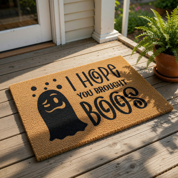 A door mat with a black silhouette of a ghost and the text "I HOPE YOU BROOTED BOOGS" printed on it.