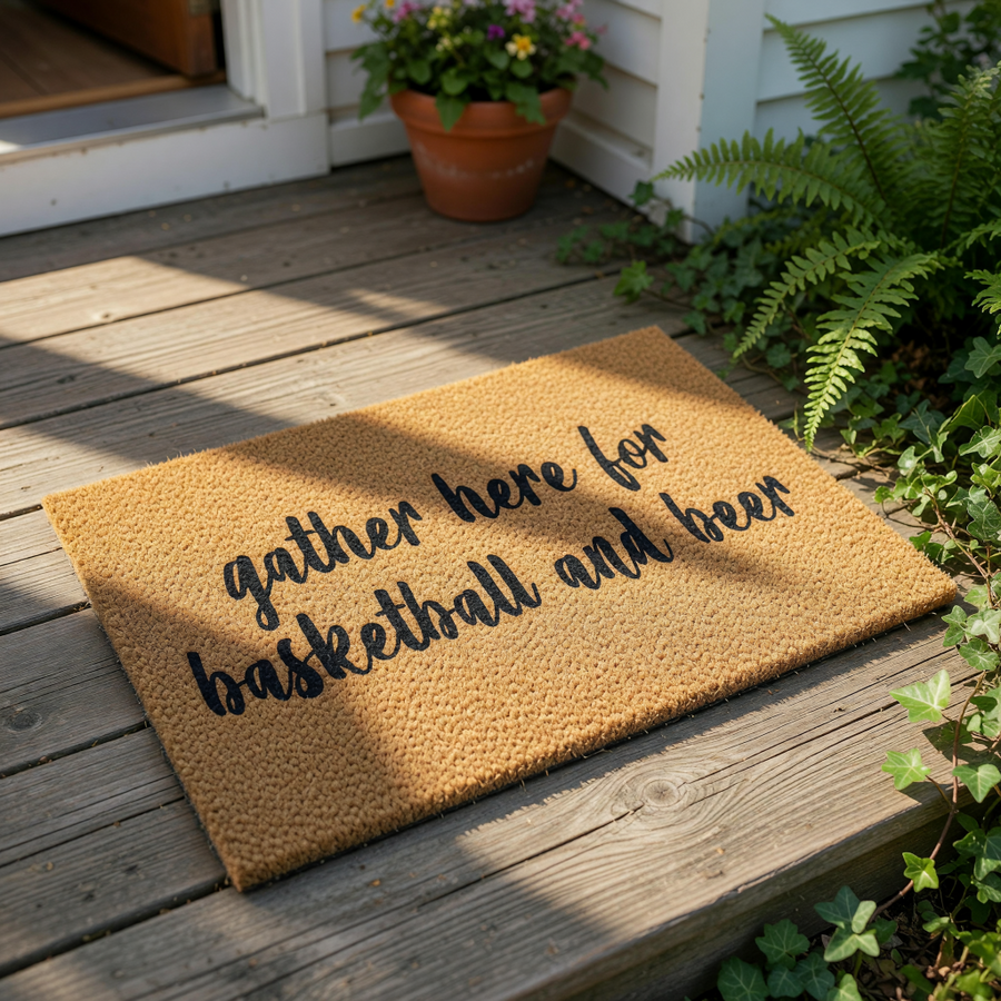 A textured doormat with the phrase "gather here for basketball and beer" printed on it.