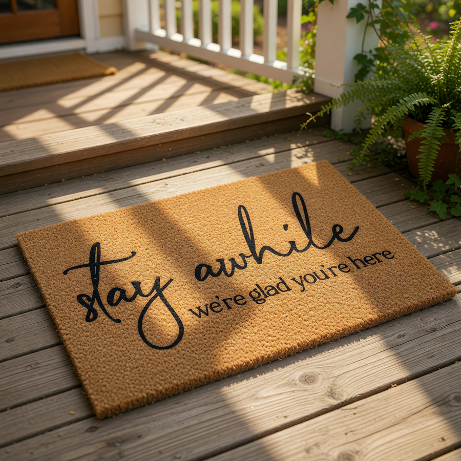 doormat, doormats, funny doormat, funny doormats, welcome mat, door mat, housewarming gift, new home gift, FRONT DOOR MAT, STAY AWHILE DOORMAT, Stay Awhile Mat, welcome doormat, coir doormat