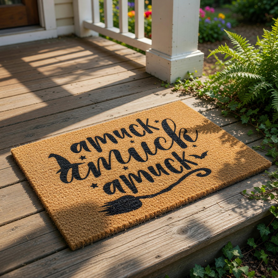 A door mat with the text "amuck amuck amuck" printed on it.
