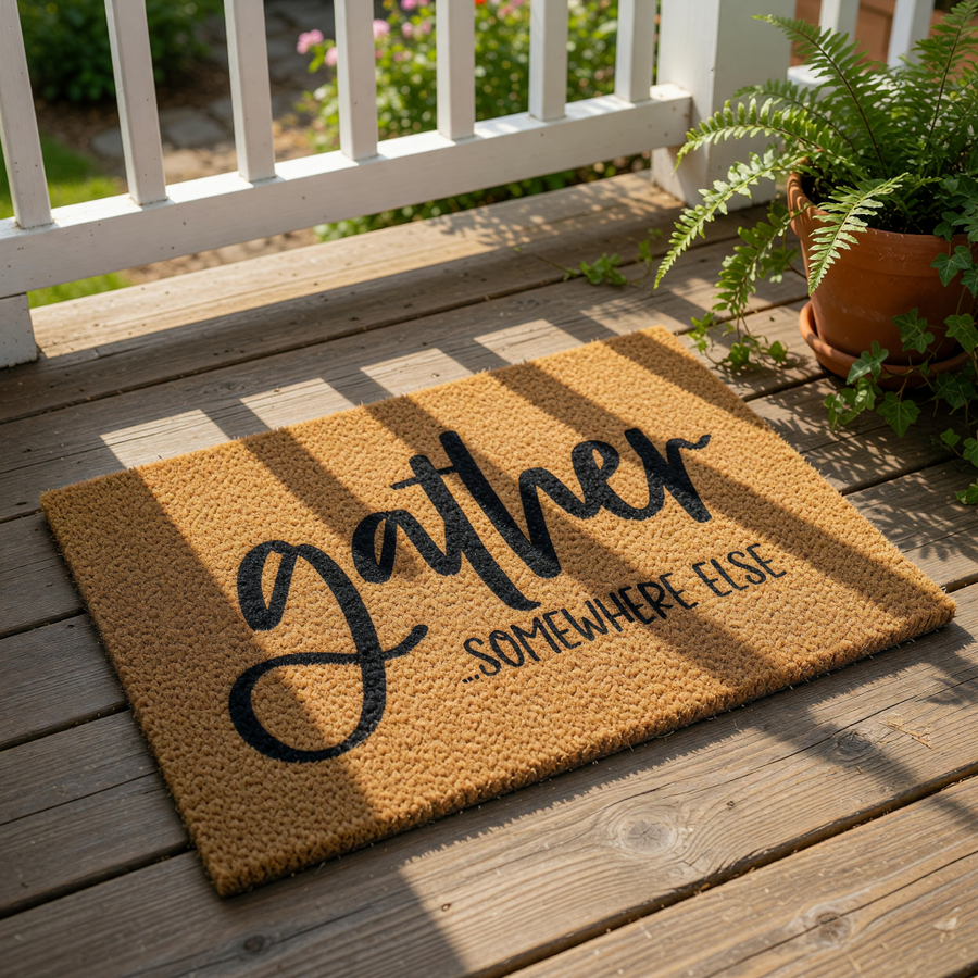 A textured area rug with the words "gather" and "somewhere else" printed on it.
