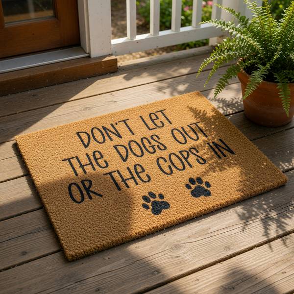 A textured doormat with the message "DON'T LET THE DOGS OUT OR THE COPS IN" printed on it.