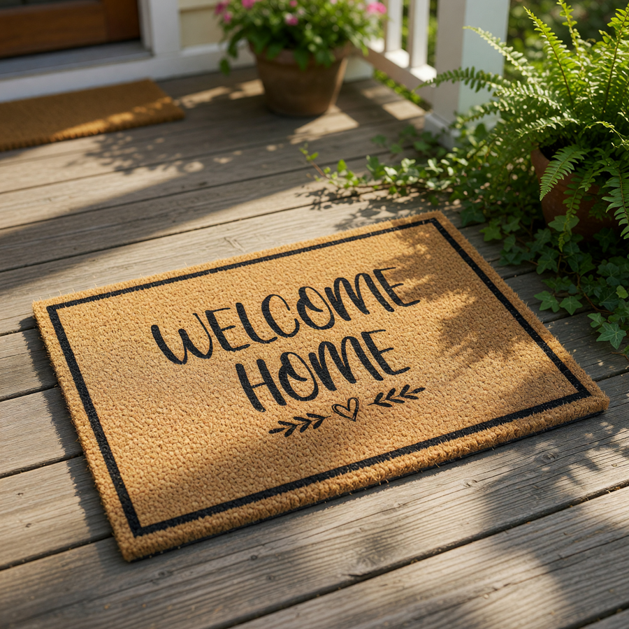 A black and white welcome mat with the text "WELCOME HOME" printed on it.
