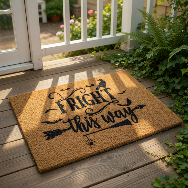 A door mat with the text "FRIGHT this way" printed on it, along with various Halloween-themed silhouettes and symbols.