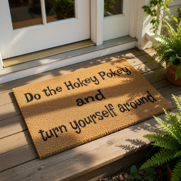 a rectangular, beige-colored doormat with black text that reads "Do the Hokey Pokey and turn yourself around".
