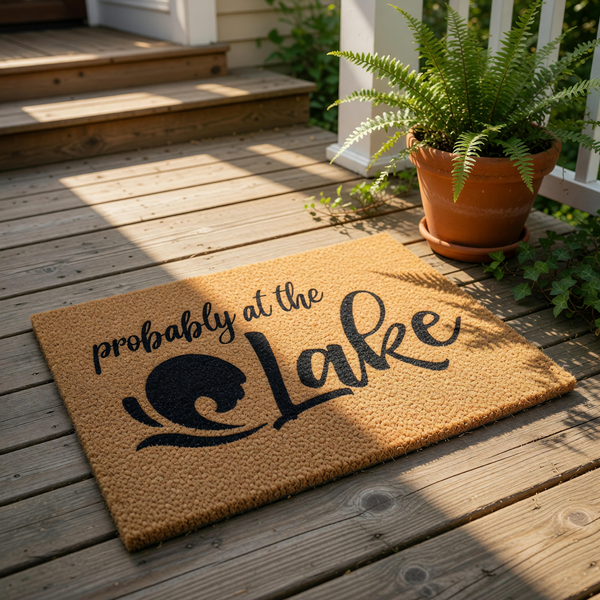 A textured area rug with the phrase "probably at the Lake" printed on it.