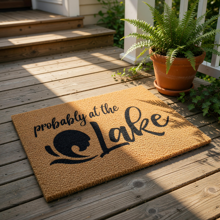 A textured area rug with the phrase "probably at the Lake" printed on it.