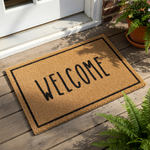 A rectangular welcome mat with the word "WELCOME" printed on it.
