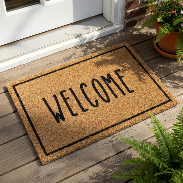A rectangular welcome mat with the word "WELCOME" printed on it.