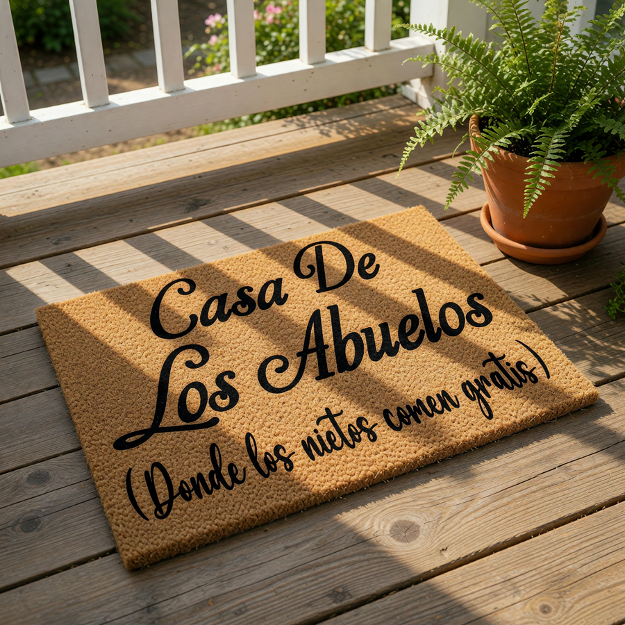 A wooden door with a yellow doormat that says "Casa De Los Abuelos (Donde los nietos comen gratis)"