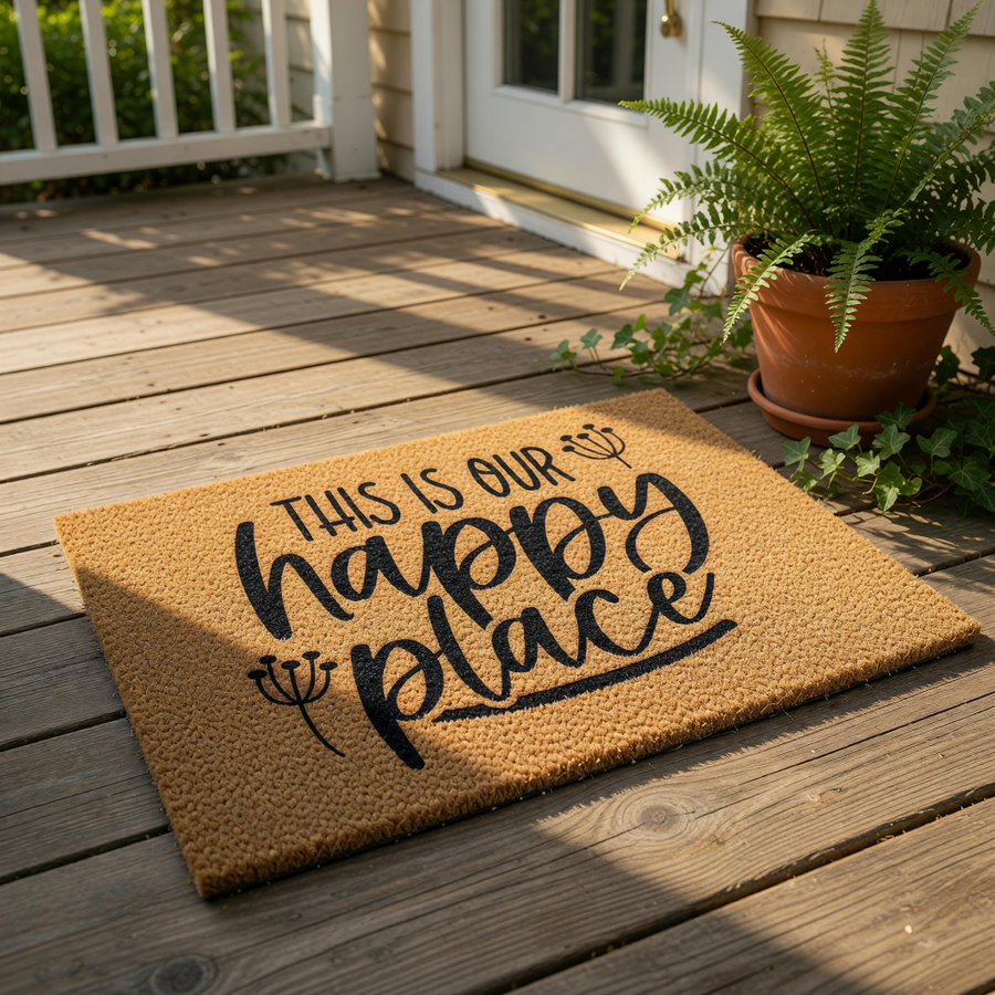 a textured area rug with the phrase "This is our happy place" printed on it, along with some decorative elements like a potted plant and a small flower.