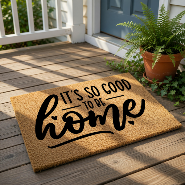 A textured doormat with the phrase "IT'S SO GOOD TO BE HOME" printed on it.