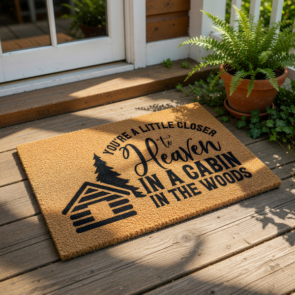 A mat with a wooden cabin and a tree on it, along with the text "You're a little closer to Heaven in a cabin in the woods" printed on it.
