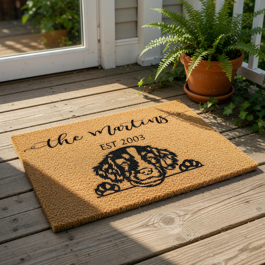 A rectangular, beige-colored doormat with a black and white illustration of a dog's face and paw prints.