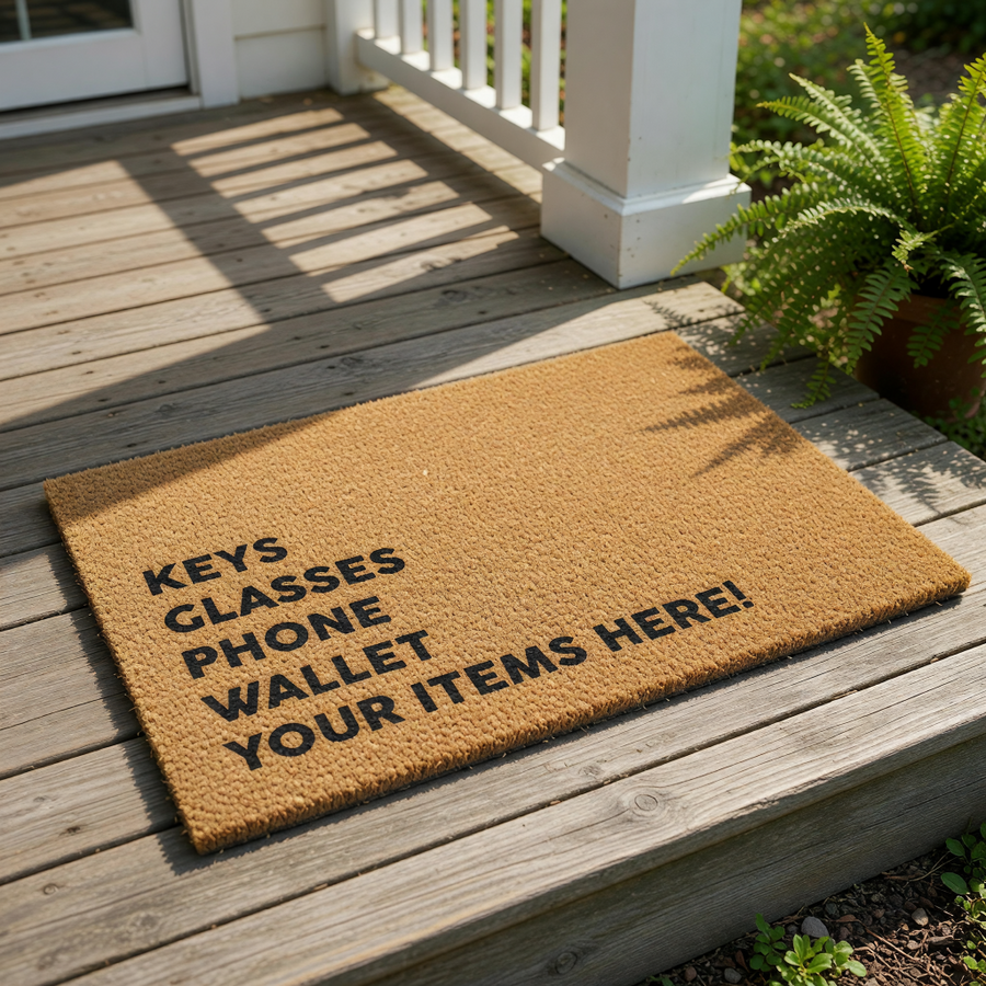 a textured area rug with the text "KEYS GLASSES PHONE WALLET YOUR ITEMS HERE!" printed on it.