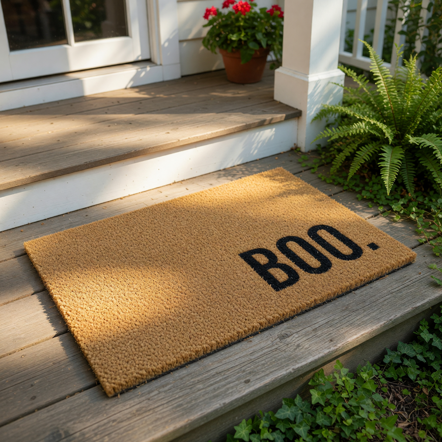 A beige, textured doormat with the word "BOO" printed in bold black letters.
