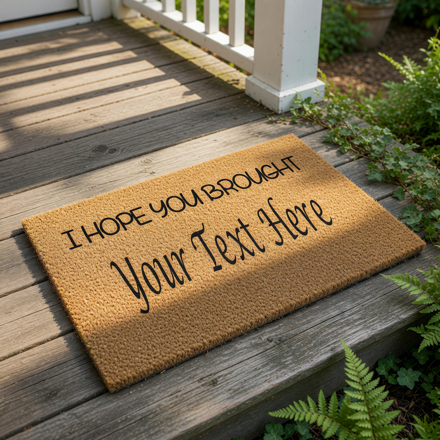 A rectangular, beige-colored doormat with the text "I HOPE YOU BROUGHT YOUR TEXT HERE" printed on it.