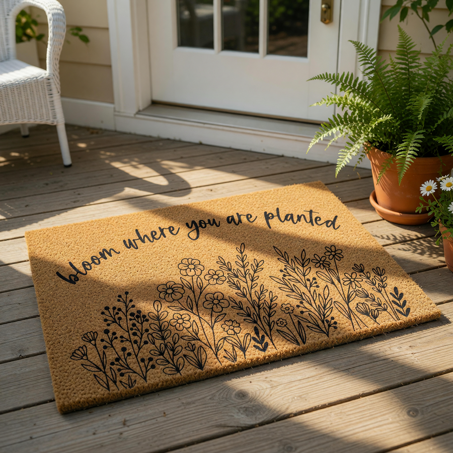 A decorative door mat with the text "bloom where you are planted" printed on it, along with a floral design.