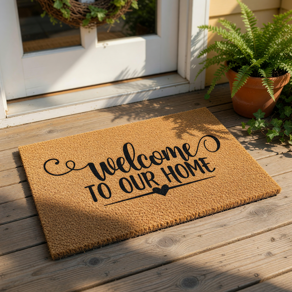 A textured doormat with the text "Welcome to our Home" printed on it.