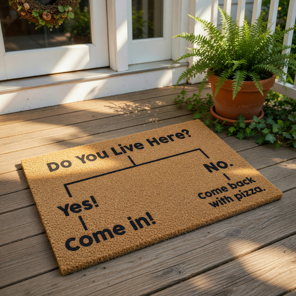 The image is a humorous door mat with a question and answer format, asking "Do You Live Here?" and providing a response with a follow-up question "Come back with pizza."