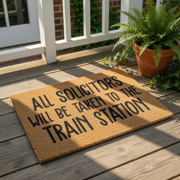 A textured doormat with the text "ALL SOLICITORS WILL BE TAKEN TO THE TRAIN STATION" printed on it.