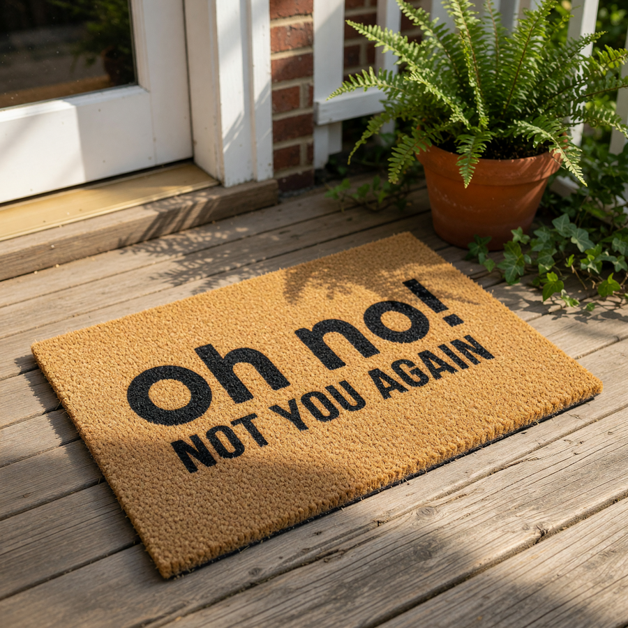 A textured doormat with the phrase "oh no!