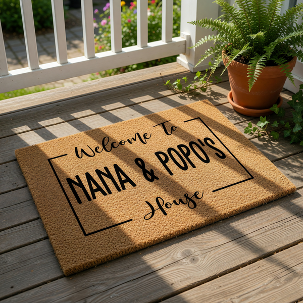 A welcome mat with the text "Welcome To NANA & POPO'S House" printed on it, surrounded by greenery and a straw hat.