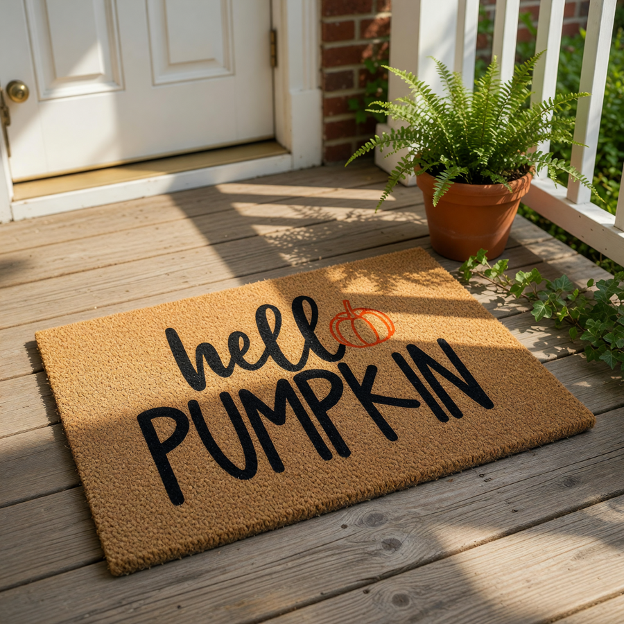 A textured door mat with the words "HELL PUMPKIN" printed on it, along with an orange pumpkin icon.