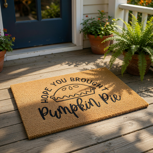 A textured area rug with a printed design on it, featuring the text "HOPE YOU BROOT PUMPKIN PIE" along with an illustration of a pumpkin pie.