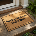 a rectangular door mat with the text "There's a land mine under here" printed on it.