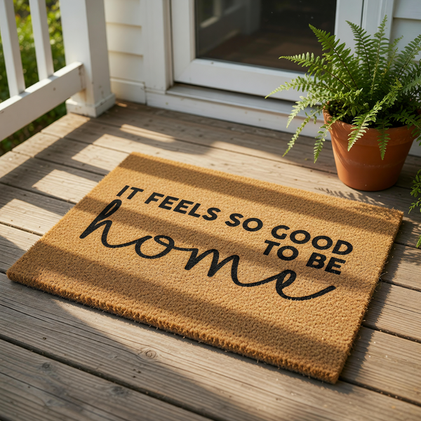 A textured doormat with the phrase "IT FEELS SO GOOD TO BE HOME" printed on it.