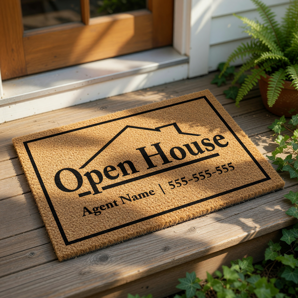 A black and white door mat with the text "Open House" and "Agent Name" printed on it.