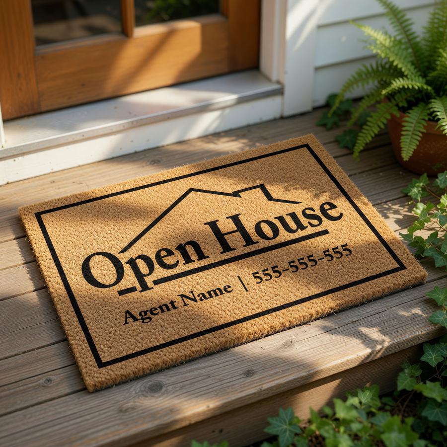 A black and white door mat with the text "Open House" and "Agent Name" printed on it.