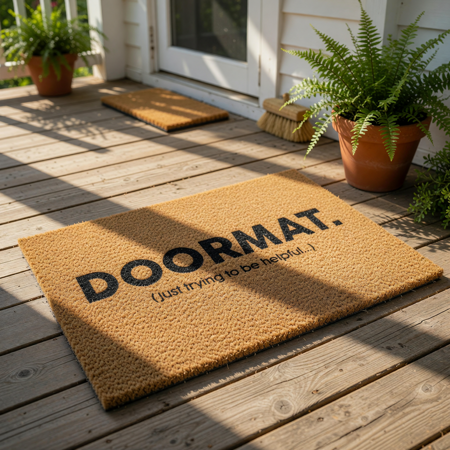 A beige doormat with the text "DOORMAT." printed on it.