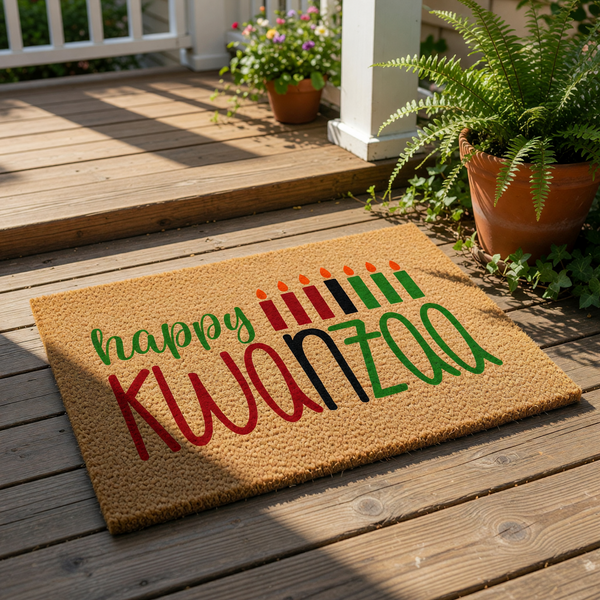 A mat with the text "happy Kwanzaa" printed on it, along with a circular logo that says "WOOD BY STU - EST. 2010".