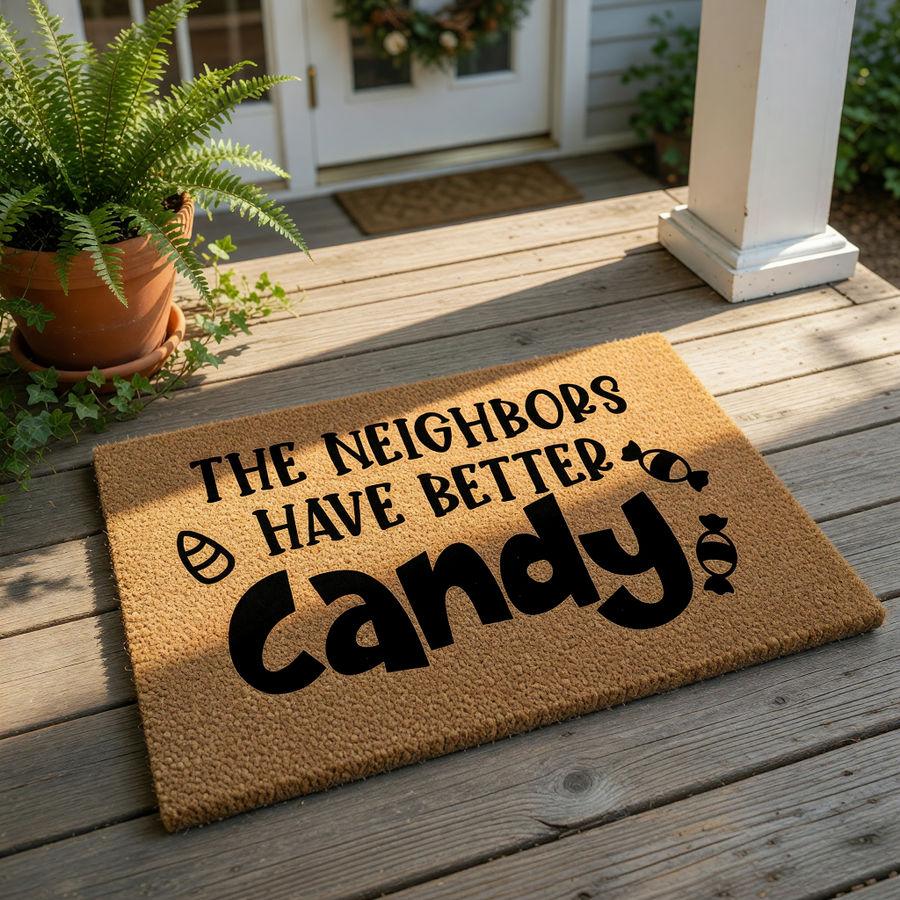A textured doormat with the text "THE NEIGHBORS HAVE BETTER CANDY" printed on it.