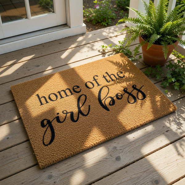 A textured area rug with the phrase "home of the girl boss" printed on it.